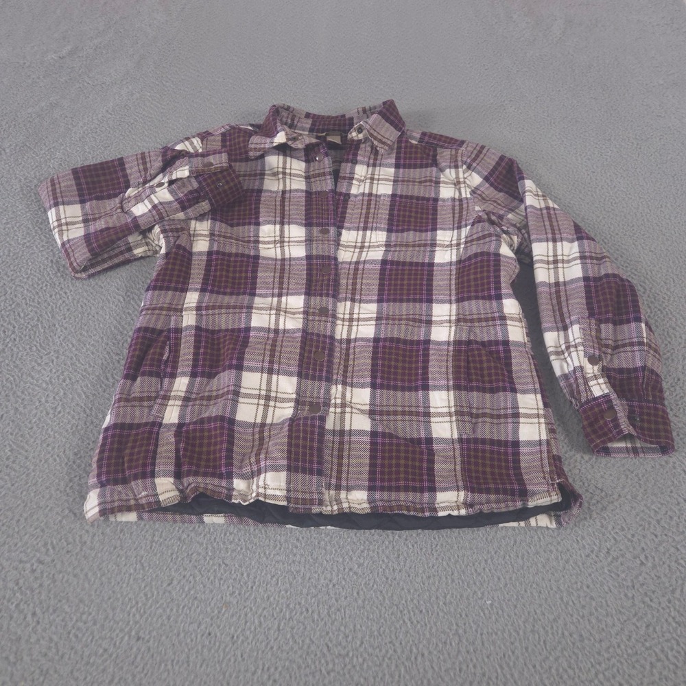 Duluth Trading Co Jacket Womens L Purple Plaid Flannel Shacket Quilted Insulated